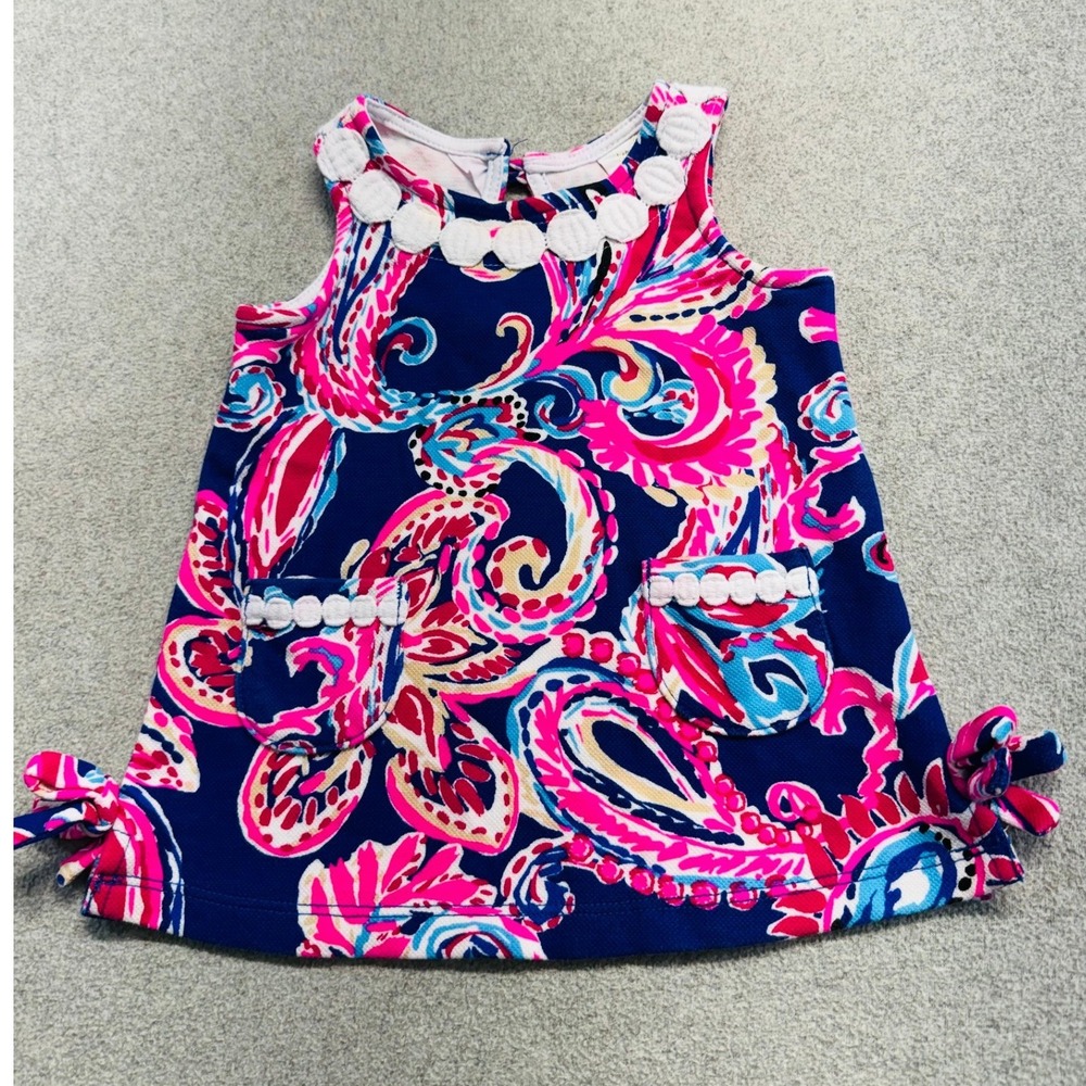 Lilly Pulitzer Baby Lilly Dress Kids 6-12 Months Navy Pink Paisley Pom Pom Trim